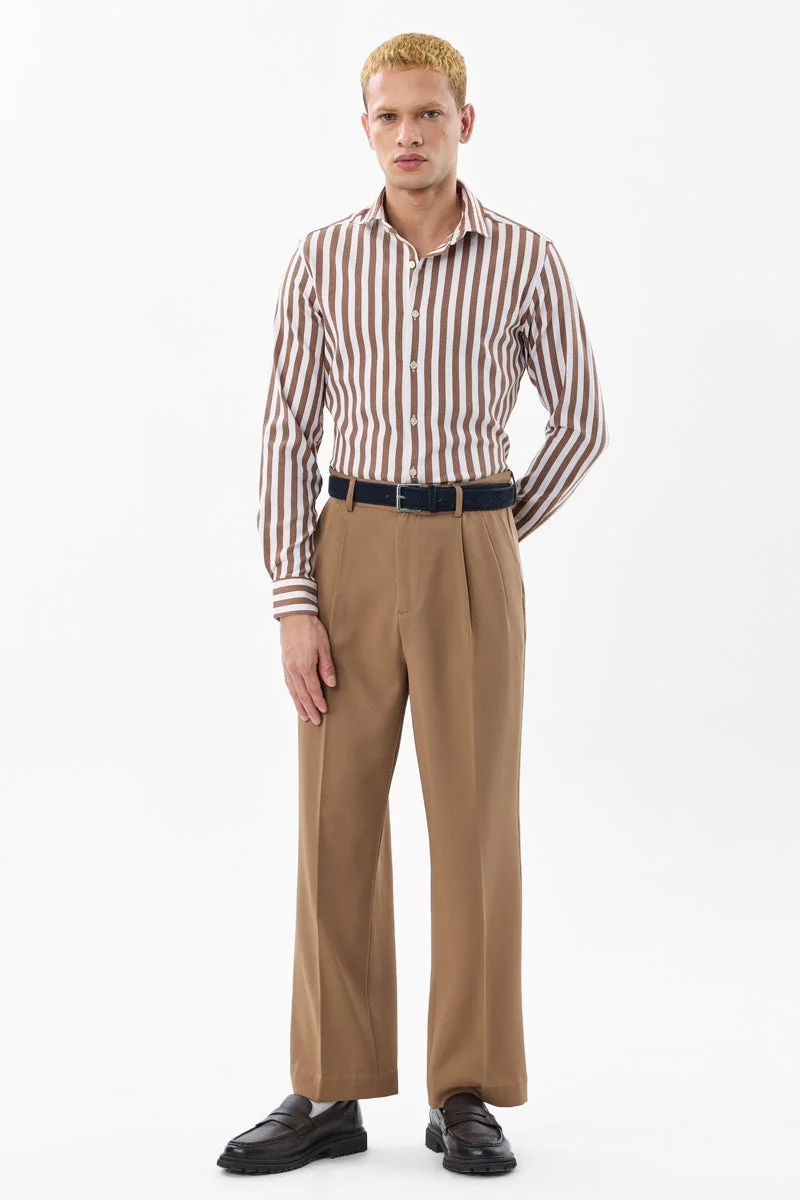 SNITCH Brown Striped Long Sleeve Slim Fit Luxe Shirt