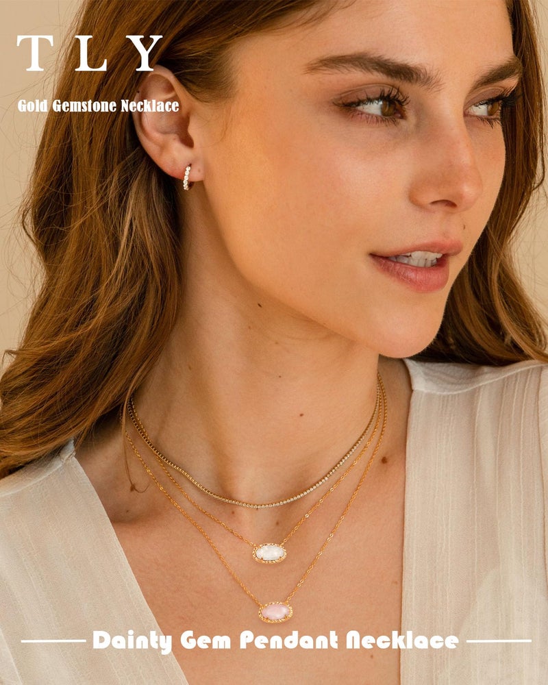 TLY Gold Necklace for Women 14k Gold Plated Dainty Oval Pendant Necklace Red Rose Quartz Druzy Stone Black Emerald Green Blue Choker Necklace Birthday Wedding Bridesmaid Prom Necklace Valentines Day Jewelry gifts - Image 3