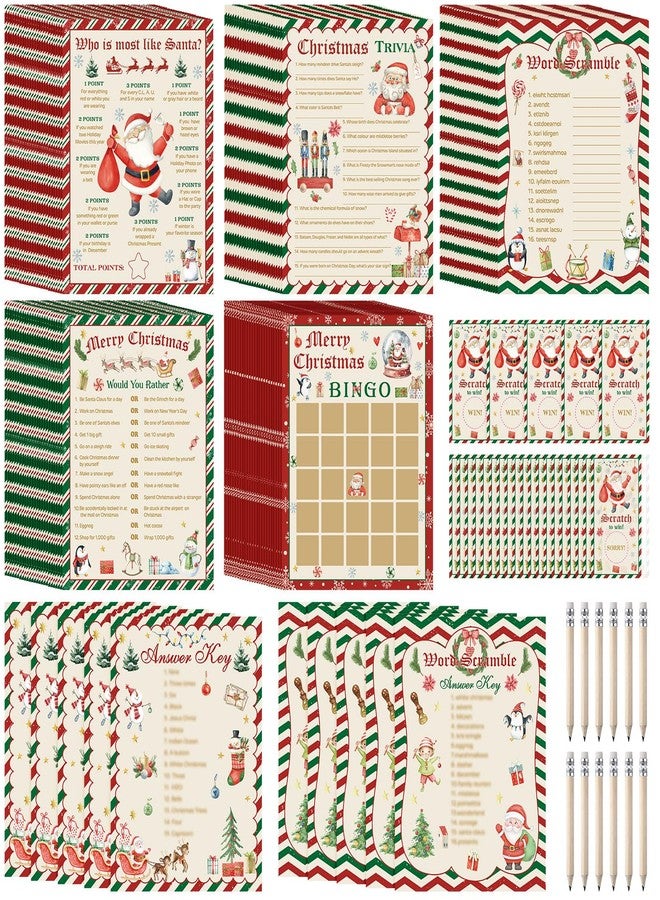 Harloon 172 Pcs Christmas Games Set Christmas Party Games for Adults Family Group Santa Trivia Word Scramble Xmas Bingo Winter Holiday Activities with Pencils for Winter Holiday Xmas Party Supplies - Image 1