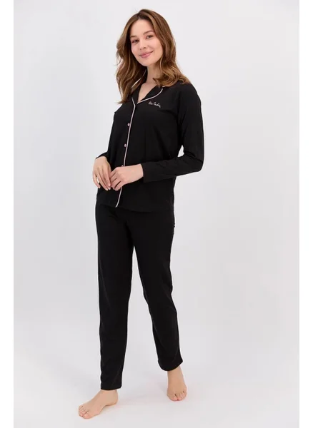 pierre cardin 7717 Women's Modal Long Sleeve Front Buttoned Pajama Set - Black
