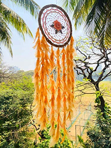 Rooh Dream Catcher Large Peach Flower with Wreath Ring Handmade Hangings for Positivity Can be Used as Home Decor Gift Wall Hangings Meditation Room Yoga Temple Wind Chime Car Hanging - Image 2
