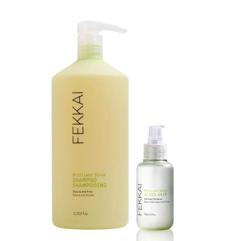 Fekkai Brilliant Gloss Shampoo (1 Liter) + Brilliant Gloss Glass Hair Anti-Frizz Oil Serum (3.4 oz) - Free of Sulfates, Parabens, Phthalates - Vegan, Cruelty-Free