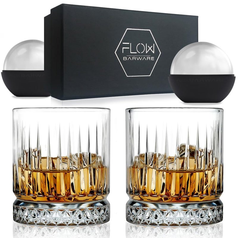 FLOW Barware GEO Whiskey Glasses  Whisky Glass with Ice Ball Mould Gift Set  Whiskey Glasses Set of 2  Heavy Whisky Tumbler for Scotch Bourbon Rum Gin  Tonic  Negroni Cocktail