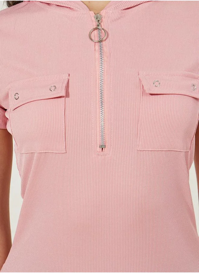 Styli Ribbed Fitted Polo T-Shirt with Flap Pocket