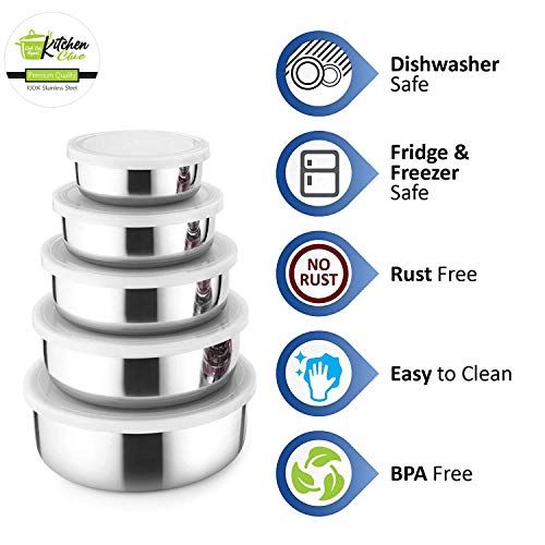 KITCHEN CLUE Stainless Steel Classic Kitchen Storage Containers Storage Bowl Set with Lids I 5 Pieces, Silver - Image 3