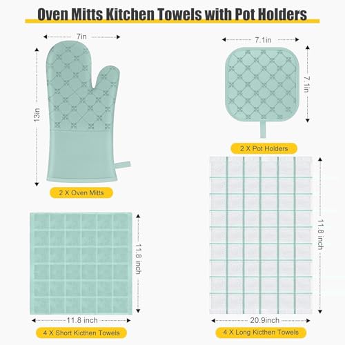 BSKSSK Oven Mitts Kitchen Towels Dishcloths with Pot Holders Sets 12PCS,Dish Towels Sets,Oven Gloves Pot Pads Heat Resistant 500 Degrees with Non-Slip Silicone Surface for Cooking Baking Grilling-Mint Green - Image 2