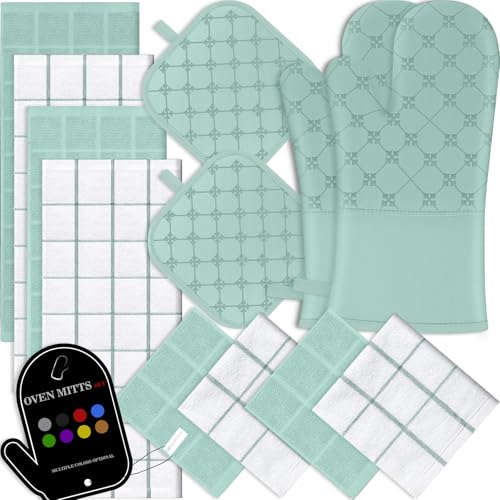 BSKSSK Oven Mitts Kitchen Towels Dishcloths with Pot Holders Sets 12PCS,Dish Towels Sets,Oven Gloves Pot Pads Heat Resistant 500 Degrees with Non-Slip Silicone Surface for Cooking Baking Grilling-Mint Green - Image 1