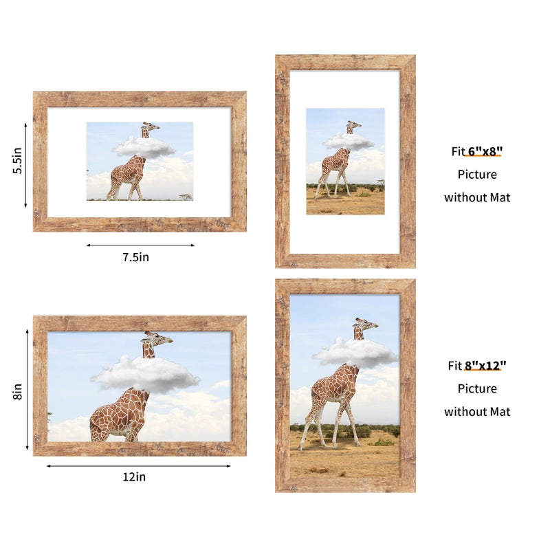 iRahmen 8x12 Picture Frame Set of 4 with HD Glass  Display 6x8 Picture Frame with Mat or 8 x 12 Without Mat  Wood Rustic Picture Frames for Horizontal or Vertical Table Top and Wall Mounting - Image 2