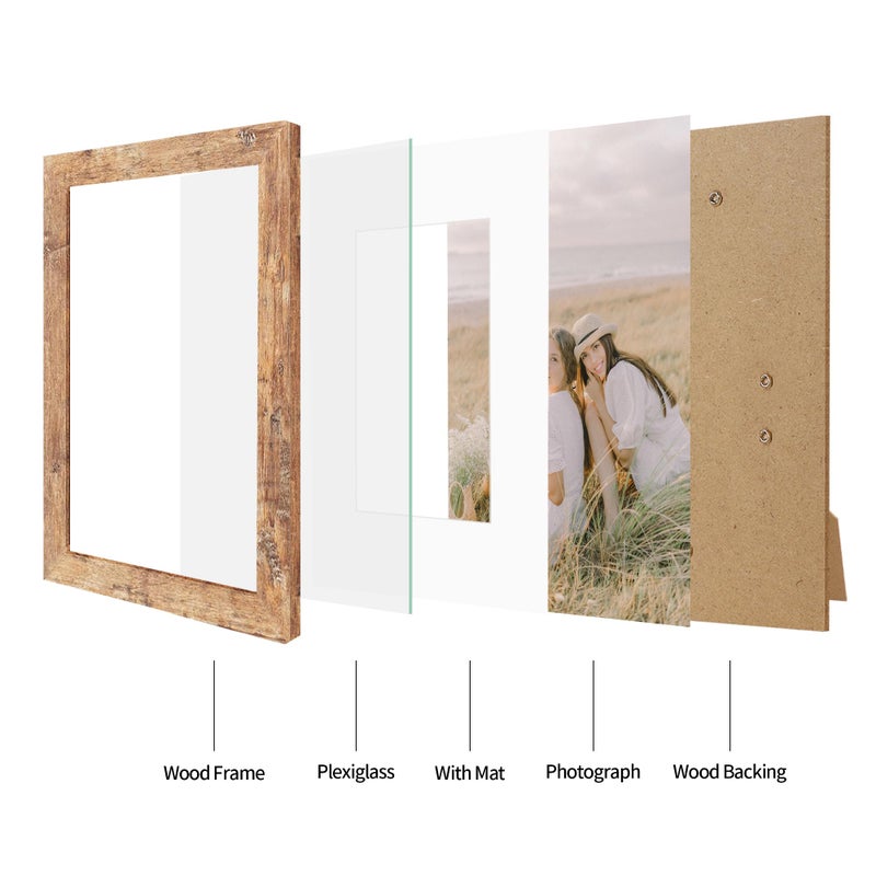 iRahmen 8x12 Picture Frame Set of 4 with HD Glass  Display 6x8 Picture Frame with Mat or 8 x 12 Without Mat  Wood Rustic Picture Frames for Horizontal or Vertical Table Top and Wall Mounting - Image 4