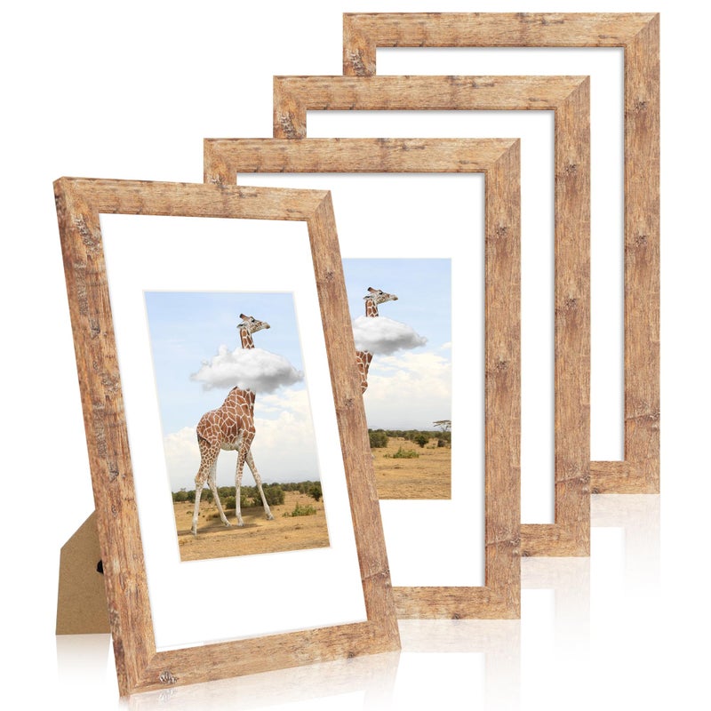 iRahmen 8x12 Picture Frame Set of 4 with HD Glass  Display 6x8 Picture Frame with Mat or 8 x 12 Without Mat  Wood Rustic Picture Frames for Horizontal or Vertical Table Top and Wall Mounting - Image 1