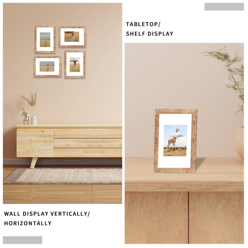 iRahmen 8x12 Picture Frame Set of 4 with HD Glass  Display 6x8 Picture Frame with Mat or 8 x 12 Without Mat  Wood Rustic Picture Frames for Horizontal or Vertical Table Top and Wall Mounting - Image 5