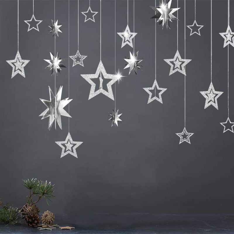 Glitter Silver Star Garlands Kit Metallic 3D Star Hanging Paper Garland Multishaped Twinkle Star Birthday Party supplies Wedding Baby Shower Christmas Decorations for Nursery Kids Boys Girls Room