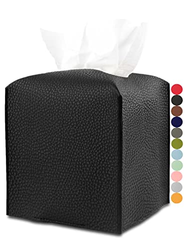 JESMINI Leather Tissue Box Cover Square – Tissue Holder with Bottom Belt [JESMINI, Black] Aesthetic PU Leather Tissue Box Holder Decorative for Bathroom, Home Office Decor - Image 1