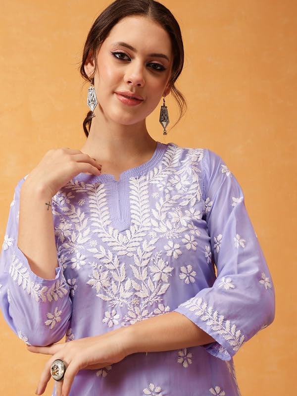 Ada Hand Embroidered Lucknowi Chikankari Muslin Straight Top Tunic Short Kurti for Women A911422 Mauve (S) - Image 5