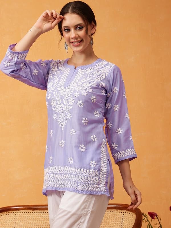 Ada Hand Embroidered Lucknowi Chikankari Muslin Straight Top Tunic Short Kurti for Women A911422 Mauve (S) - Image 4