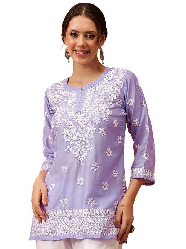 Ada Hand Embroidered Lucknowi Chikankari Muslin Straight Top Tunic Short Kurti for Women A911422 Mauve (S) - Image 1