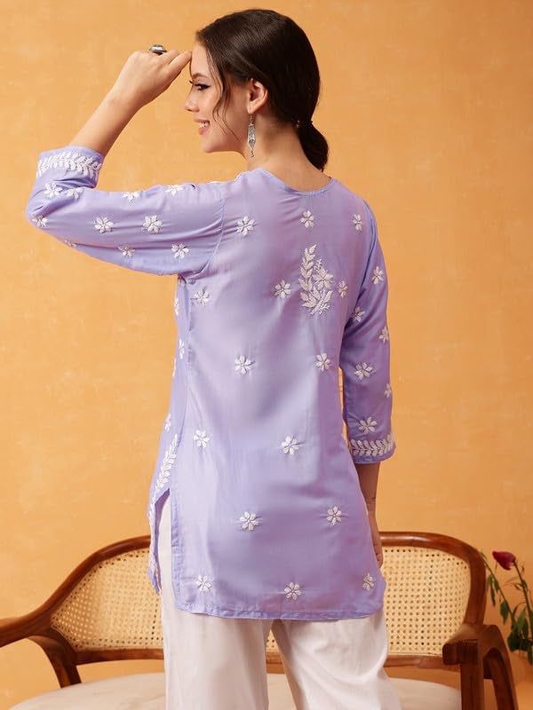 Ada Hand Embroidered Lucknowi Chikankari Muslin Straight Top Tunic Short Kurti for Women A911422 Mauve (S) - Image 2