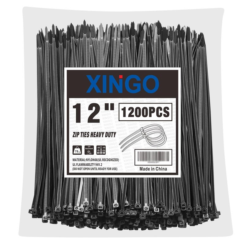 XINGO 12 Inch Black Zip Ties 1200 PCS, 75 LBS Tensile Strength, UV Resistant Cable Ties, Premium Self-locking Plastic Ties for Indoor and Outdoor Use - Image 1