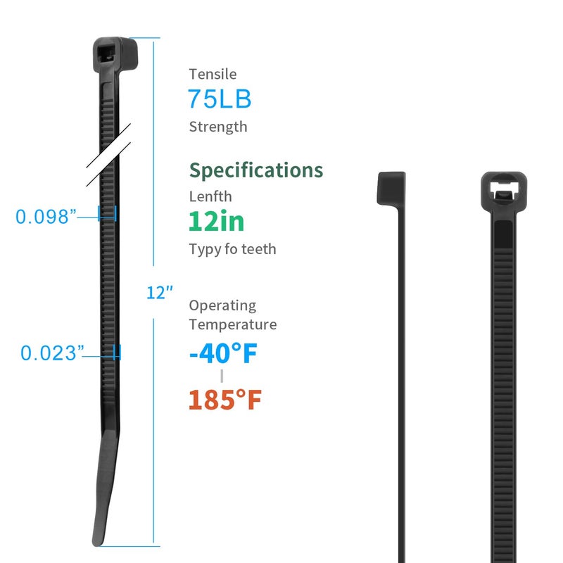 XINGO 12 Inch Black Zip Ties 1200 PCS, 75 LBS Tensile Strength, UV Resistant Cable Ties, Premium Self-locking Plastic Ties for Indoor and Outdoor Use - Image 2