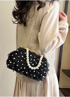 DUNISO Evening women's handbag, vintage pearl shoulder bag, petal clutch bag with detachable shoulder strap, suitable for parties, banquets, and weddings，black  - Image 3