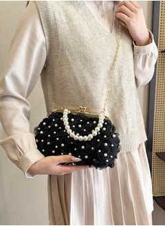 DUNISO Evening women's handbag, vintage pearl shoulder bag, petal clutch bag with detachable shoulder strap, suitable for parties, banquets, and weddings，black  - Image 5