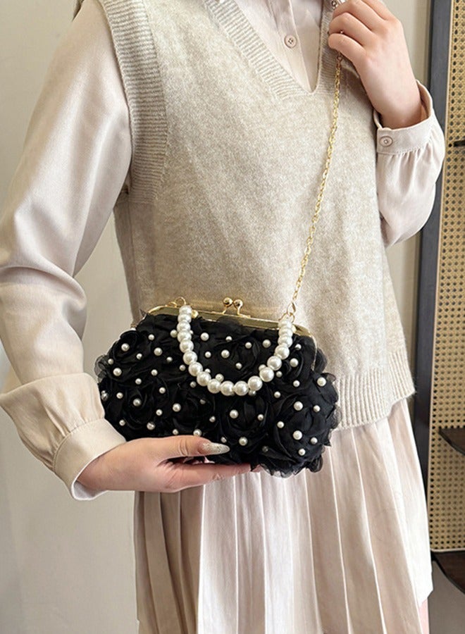 DUNISO Evening women's handbag, vintage pearl shoulder bag, petal clutch bag with detachable shoulder strap, suitable for parties, banquets, and weddings，black  - Image 5
