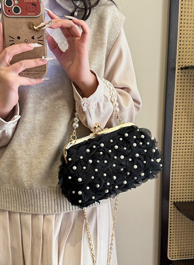 DUNISO Evening women's handbag, vintage pearl shoulder bag, petal clutch bag with detachable shoulder strap, suitable for parties, banquets, and weddings，black  - Image 2