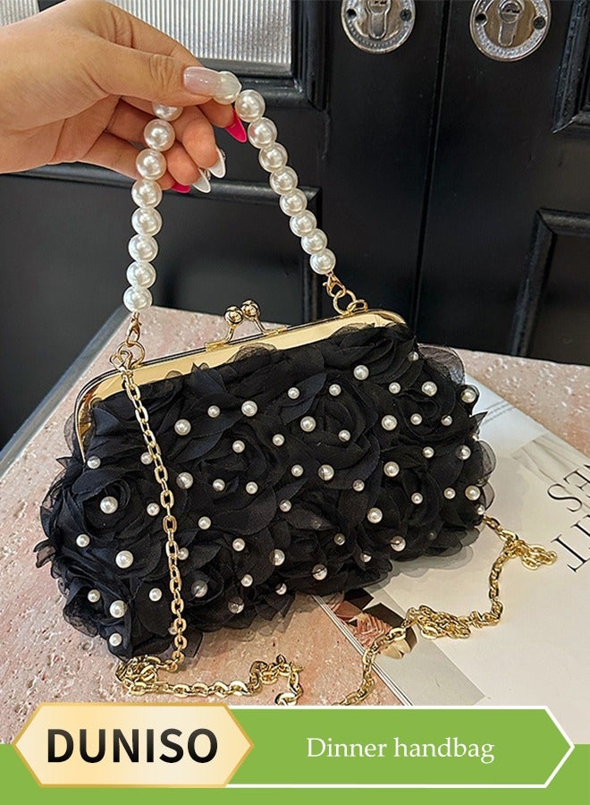 DUNISO Evening women's handbag, vintage pearl shoulder bag, petal clutch bag with detachable shoulder strap, suitable for parties, banquets, and weddings，black  - Image 1