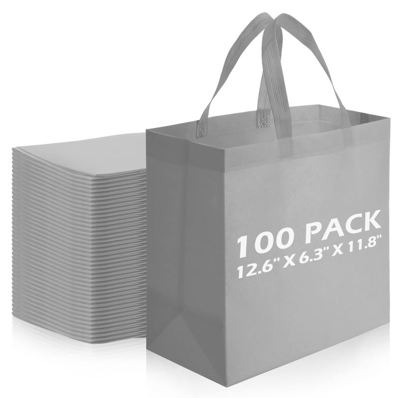 Reginary Reusable Totes Bags  100 Pcs Non Woven Grocery Handle Bags for Shop Events  Retail StoreGray