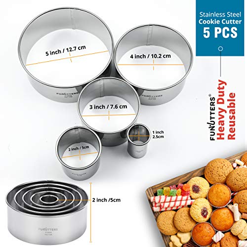 FUNUTTERS Cookie Cutter Set, 5 Pc. Kit, Measuring 1'', 2'', 3'', 4'' and 5'', Round Metal Baking Rings for Pastry, Biscuits, and Dough Cutting, Heavy Duty and Reusable, Multiple Sizes - Image 2