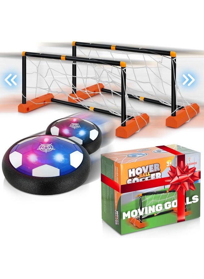 Atlasonix Moving Goals Hover Soccer Ball 4 Pack - 2 Air Floating LED Disk Balls and 2 Gliding Goals, Indoor Fun Game Sports Set, Birthday for Kids 5-7, 8-12, Soccer Toys for Boys and Girls  - Image 1