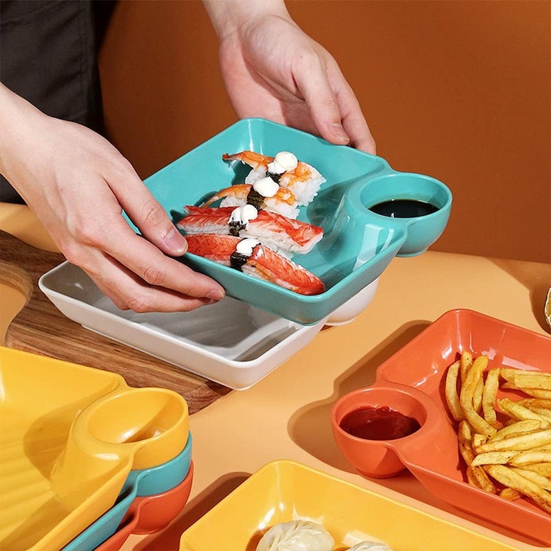 OLWICK® Plastic Plates with Sauce Compartment Serving Plates Dumpling Plate Seasoning Dish Snack Dish Sauce Plate for Home and Kitchen, Pack of 8, Yellow - Image 2