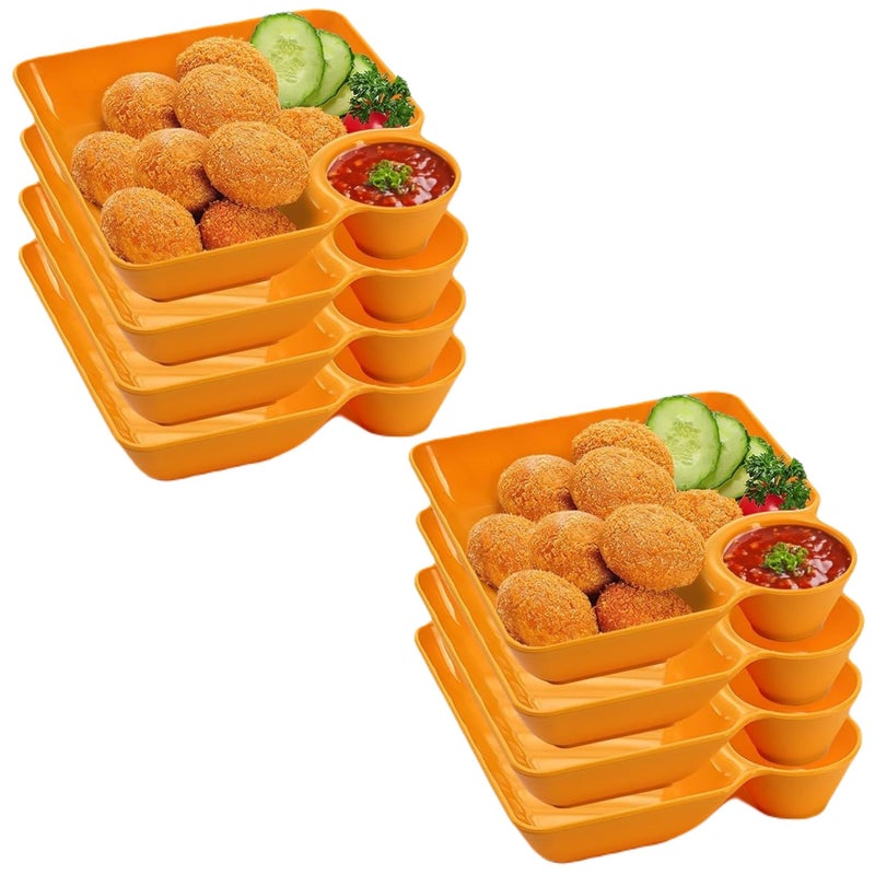 OLWICK® Plastic Plates with Sauce Compartment Serving Plates Dumpling Plate Seasoning Dish Snack Dish Sauce Plate for Home and Kitchen, Pack of 8, Yellow - Image 1