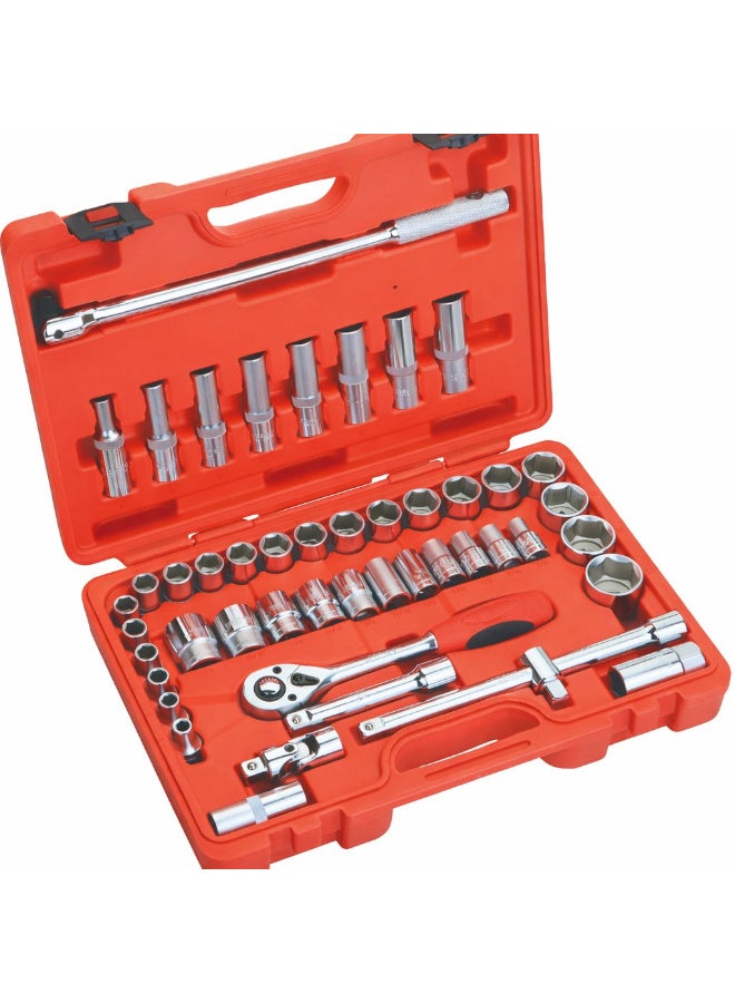 jetechtool مجموعة مفاتيح صمولة جتيك 48 قطعة 1/2 بوصة، مفاتيح متري و SAE مع مفاتيح عميقة، رافعة، مفاتيح وصلة عالمية، مقبض مفصلي، قضبان تمديد ومفاتيح شمعات لسيارات وإصلاح ميكانيكي - SK1/2-48SP - Image 1