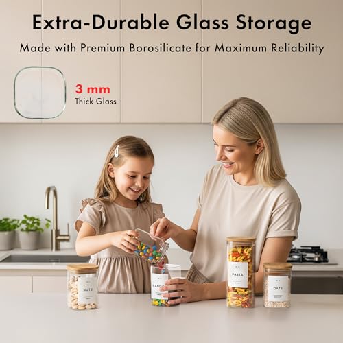 EDELHAUS Square Glass Storage Containers with Bamboo Lids 12-Pack (4x 30 oz, 8x 17 oz) Airtight Glass Storage Jars with Lids for Food, Stackable Glass Kitchen Canisters with 114 Labels for Pantry - Image 5