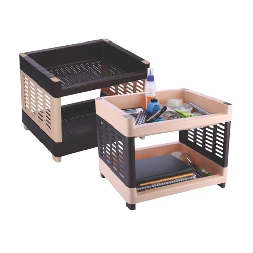 c s m C.S.M CSM 2-Tier Plastic Storage Rack, Self Standing Organizer for Kitchen and Office, Brown - Image 3