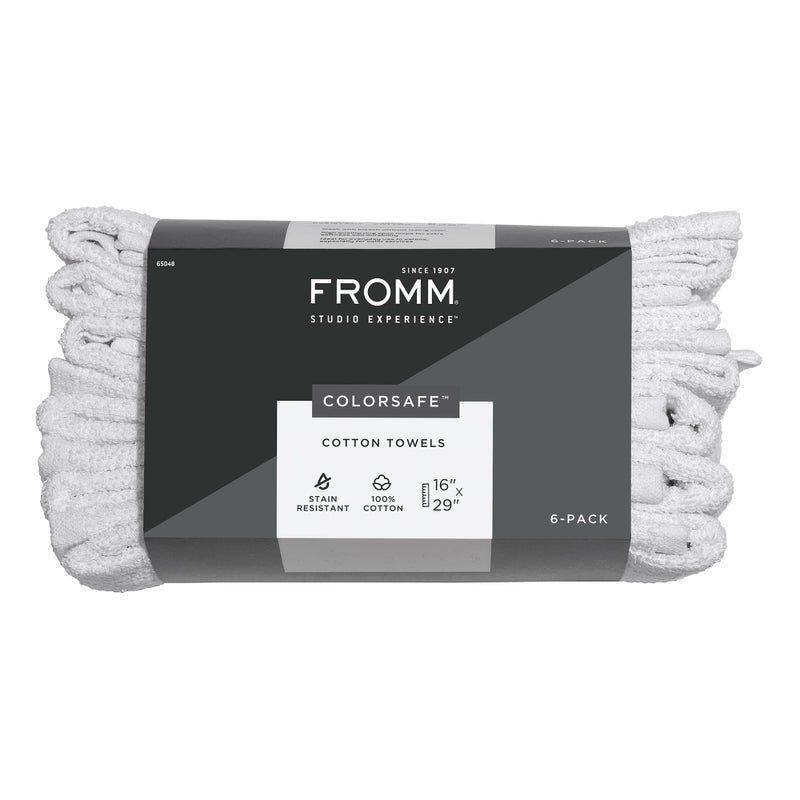 Fromm Colorsafe 100% Cotton Bleach Proof Salon Hair Towels For Hairstylists  Barbers  Spa  Gym In White  16"" By 29""  6 Count Absorbent Stain Resistant Towels For Drying Curly  Long  Wavy Hair - Image 1