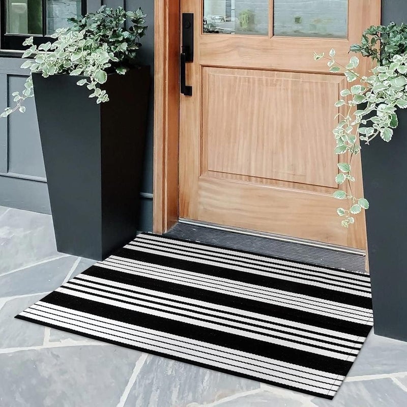 OJIA Front Door Mat 24"x35" Black and White Outdoor Rugs Front Door Rug Washable Entryway Rug Cotton Hand Woven Indoor Outdoor Doormat Small Area Rugs Layered Doormat for Porch/Home Entrance Decor - Image 1