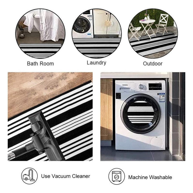OJIA Front Door Mat 24"x35" Black and White Outdoor Rugs Front Door Rug Washable Entryway Rug Cotton Hand Woven Indoor Outdoor Doormat Small Area Rugs Layered Doormat for Porch/Home Entrance Decor - Image 3