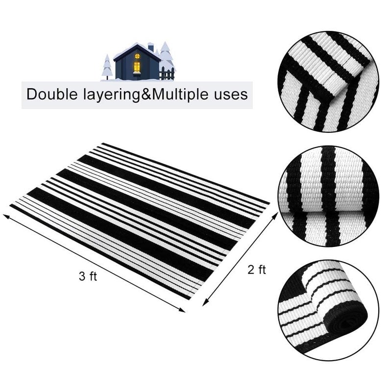 OJIA Front Door Mat 24"x35" Black and White Outdoor Rugs Front Door Rug Washable Entryway Rug Cotton Hand Woven Indoor Outdoor Doormat Small Area Rugs Layered Doormat for Porch/Home Entrance Decor - Image 2