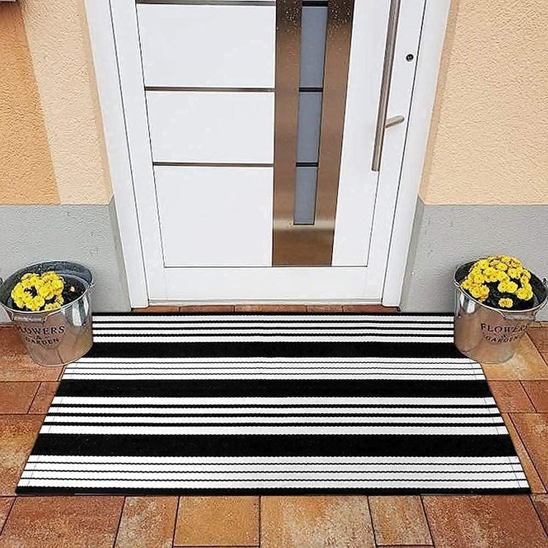 OJIA Front Door Mat 24"x35" Black and White Outdoor Rugs Front Door Rug Washable Entryway Rug Cotton Hand Woven Indoor Outdoor Doormat Small Area Rugs Layered Doormat for Porch/Home Entrance Decor - Image 5
