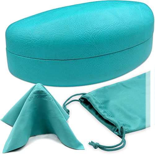MyEyeglassCase - XL Sunglasses Case for Curved Frames - Large Glasses Holder in an Elegant Classic Design best for Aviators - Womens Eyeglass Case Clam Shell - Drawstring Pouch & Cloth (AS179 Teal) - Image 1