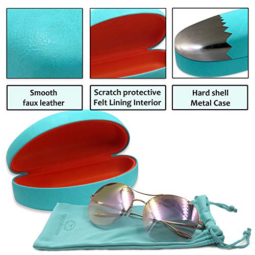 MyEyeglassCase - XL Sunglasses Case for Curved Frames - Large Glasses Holder in an Elegant Classic Design best for Aviators - Womens Eyeglass Case Clam Shell - Drawstring Pouch & Cloth (AS179 Teal) - Image 3
