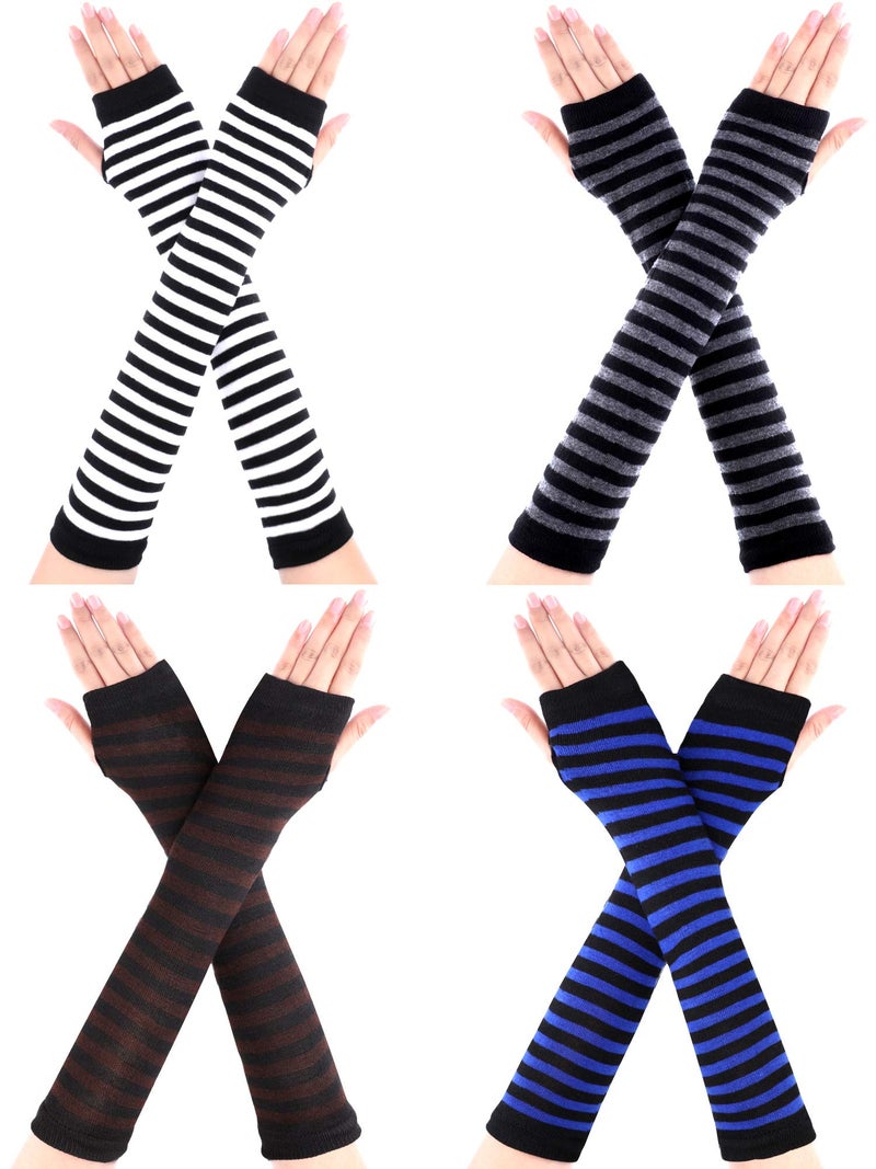 Bememo 4 Pairs Women Knit Arm Warmers Long Fingerless Gloves Knitted Elbow Length Thumb Hole Gloves Winter stripe(Black White, Black Grey, Black Blue, Black Coffee) - Image 1