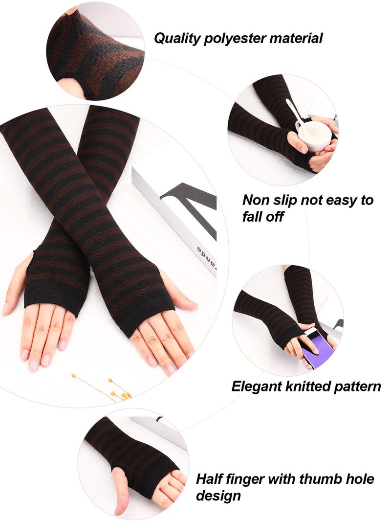 Bememo 4 Pairs Women Knit Arm Warmers Long Fingerless Gloves Knitted Elbow Length Thumb Hole Gloves Winter stripe(Black White, Black Grey, Black Blue, Black Coffee) - Image 2