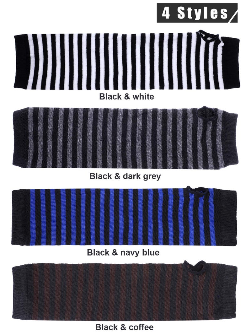 Bememo 4 Pairs Women Knit Arm Warmers Long Fingerless Gloves Knitted Elbow Length Thumb Hole Gloves Winter stripe(Black White, Black Grey, Black Blue, Black Coffee) - Image 5