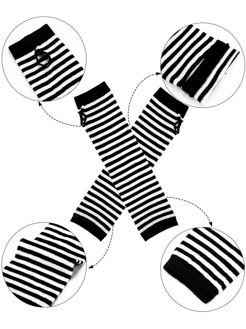 Bememo 4 Pairs Women Knit Arm Warmers Long Fingerless Gloves Knitted Elbow Length Thumb Hole Gloves Winter stripe(Black White, Black Grey, Black Blue, Black Coffee) - Image 4
