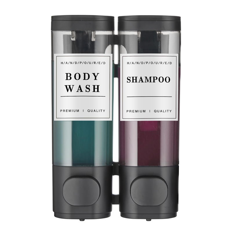 Cabo Deseado Shampoo and Conditioner Dispenser Shower Dispenser Body Wash Wall Mounted Shampoo Dispenser for Shower Wall No Drill for Bathroom Hotel 2 Chamber x 300ml Black with Waterproof Labels - Image 1