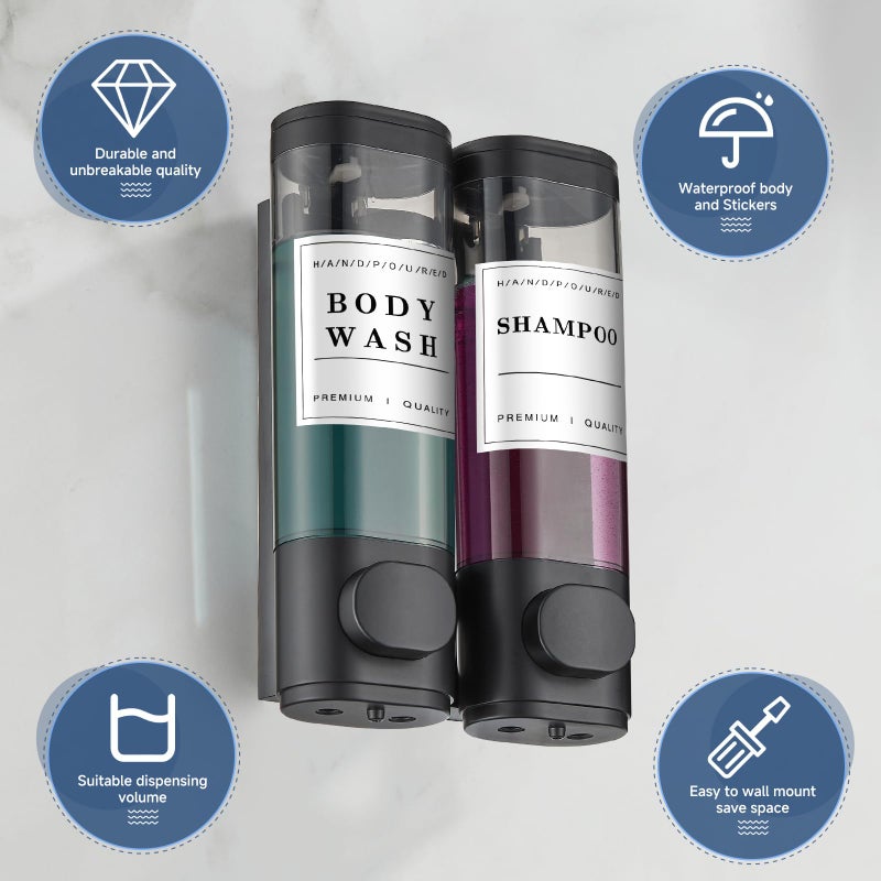 Cabo Deseado Shampoo and Conditioner Dispenser Shower Dispenser Body Wash Wall Mounted Shampoo Dispenser for Shower Wall No Drill for Bathroom Hotel 2 Chamber x 300ml Black with Waterproof Labels - Image 4