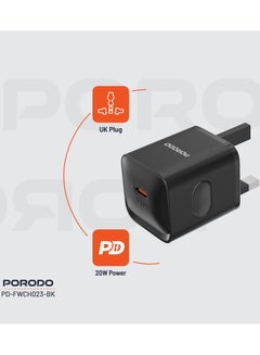 porodo USB-C Port Wall Charger / PD20W / UK Charger - Black  - Image 2